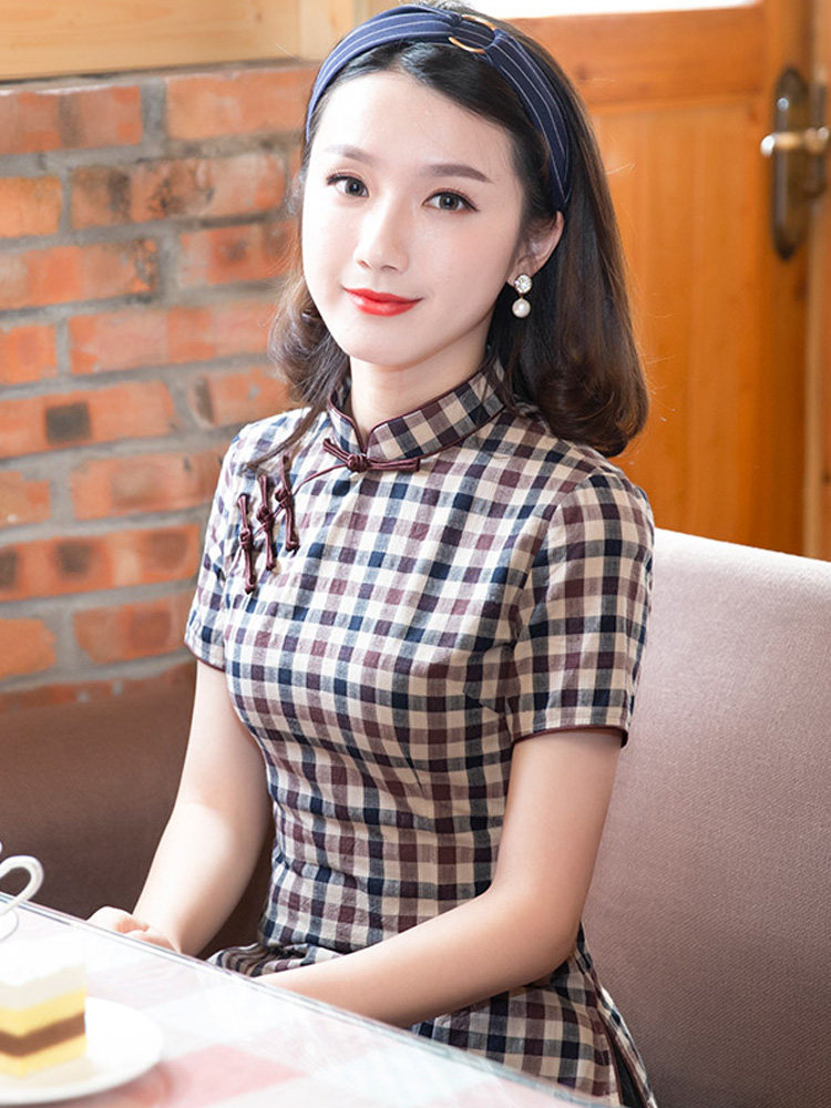 筠雅唐装女中国风棉上衣格子旗袍改良短袖茶服复古中式禅意女装