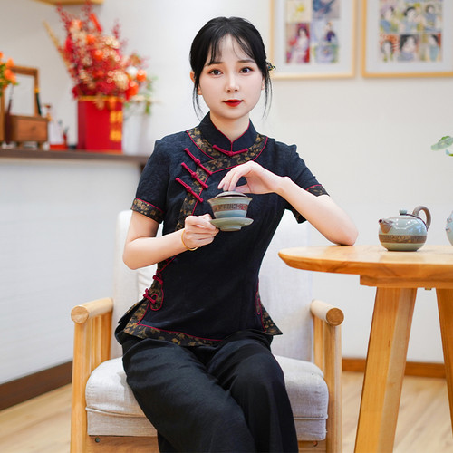 筠雅夏季新款经典中式上衣女民国复古显瘦透气黑色唐装短袖25J192
