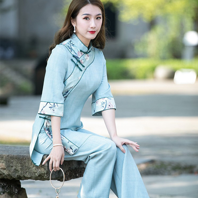 筠雅中国风休闲时尚套装女新款搭配女装复古气质旗袍裤两件套R045