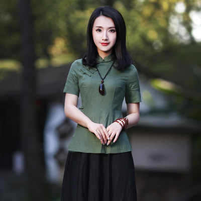 旗袍式佛系年轻款修身棉麻茶服