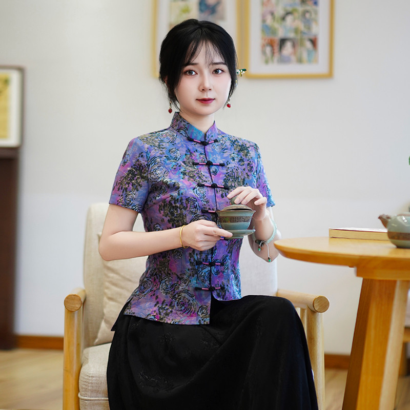 筠雅夏季新款复古改良中式唐装女装中国风款斜襟短袖上衣26J425