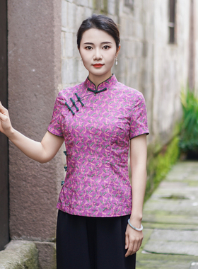 筠雅夏季新款简约清新旗袍式上衣唐装女改良版修身复古素衣24J211