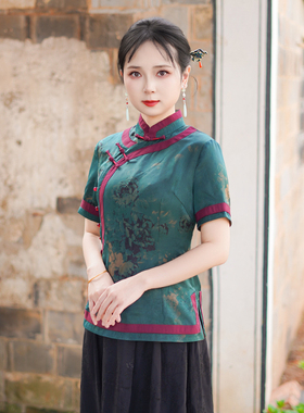 筠雅夏季新款复古改良中式唐装上衣女原创素色斜襟短袖女装25J112
