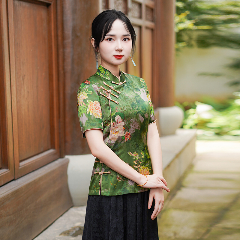 筠雅夏季新款新中式国风绿色上衣民国复古年轻款唐装短袖女25J242