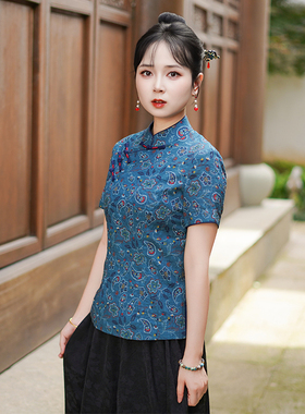 筠雅夏季新款新中式国风蓝色上衣民国复古唐装女装薄款短袖25J168