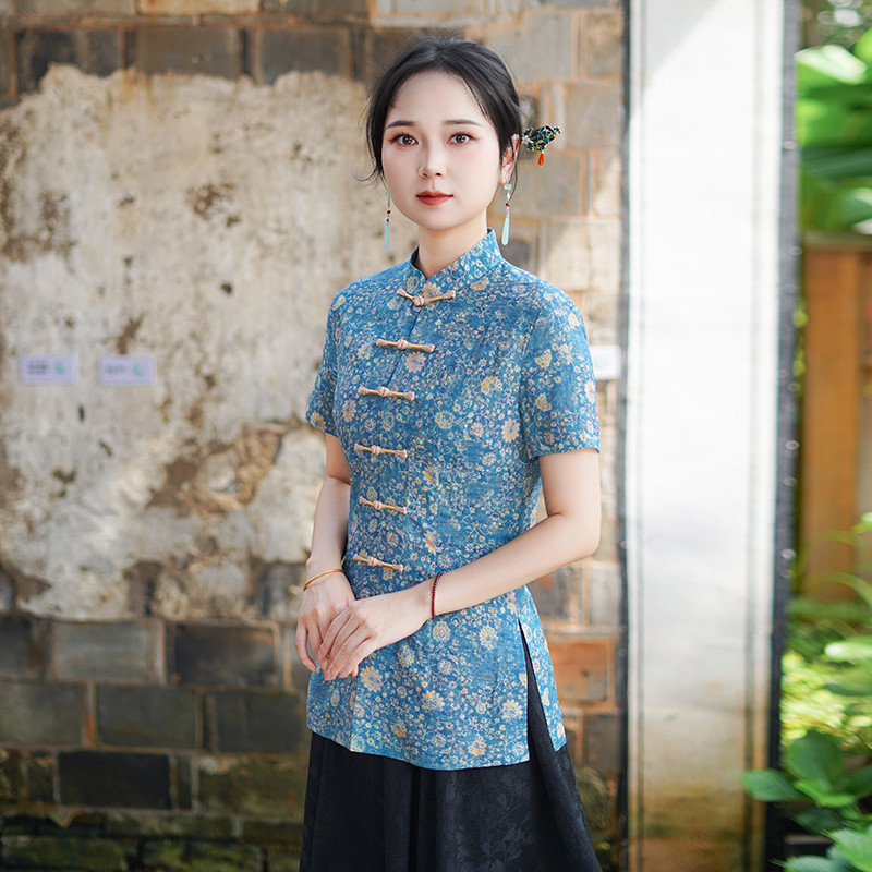 筠雅夏季新款蓝色复古改良唐装女中国风年轻款斜襟短袖上衣25J265
