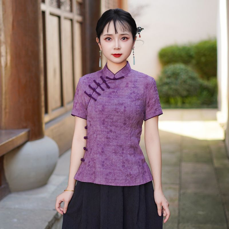 筠雅夏季新款复古改良新中式国风唐装上衣女有色斜襟短袖女25J128