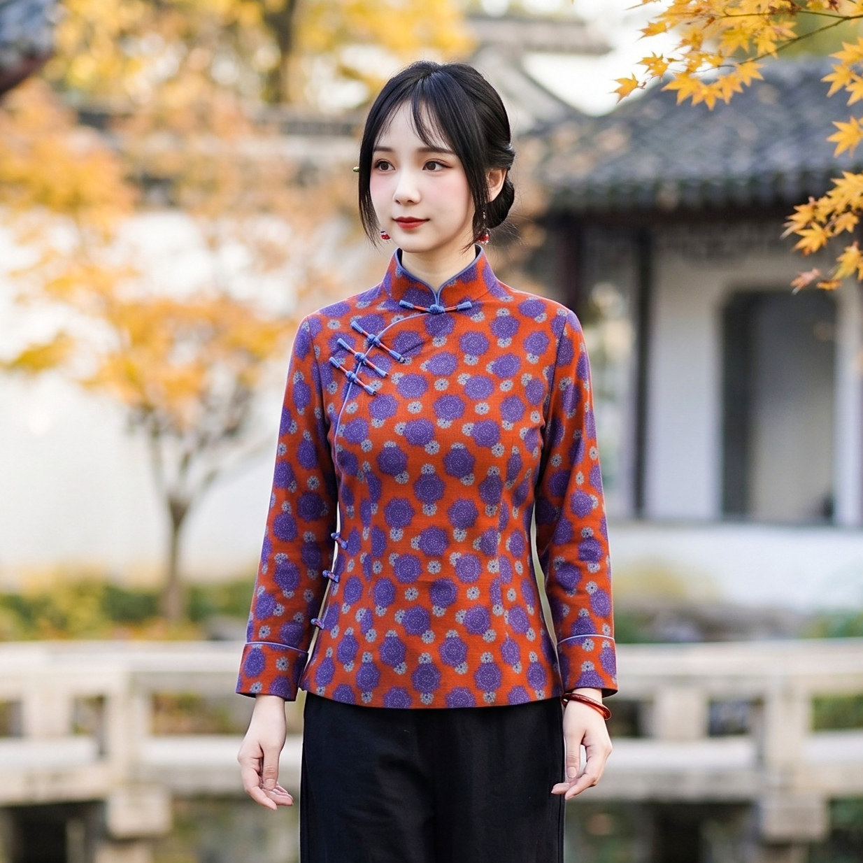 筠雅新款复古改良中式唐装女装中国风年轻款斜襟长袖上衣26J449