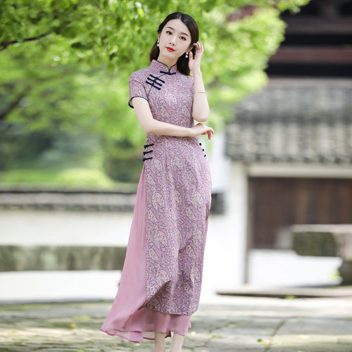 筠雅越南奥黛复古风棉麻旗袍裙