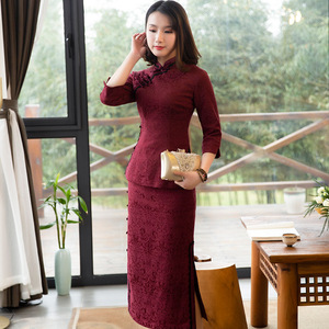 筠雅套装女秋冬红色休闲时尚气质名媛新中式复古改良旗袍裙两件套