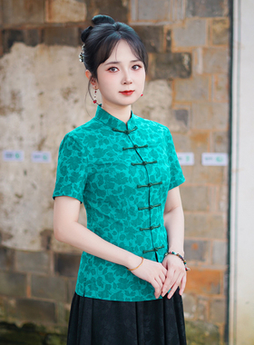 筠雅夏季新款新中式国风上衣民国复古收腰显瘦唐装女装短袖25J216