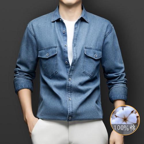 100%纯棉全棉男牛仔翻领衬衫开衫