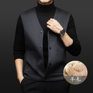 羊毛呢子男士白鸭绒填充冬季羽绒马甲保暖爸爸装商务开衫外穿背心