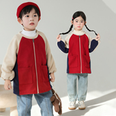 儿童罩衣摇粒绒灯芯绒拉链秋冬羽绒服棉服外穿幼儿园宝宝吃饭罩衫