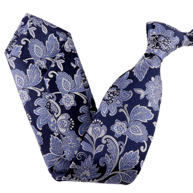 尖货高端真丝提花七折手工男士商务正装丝绸刺绣8cm深蓝花纹领带