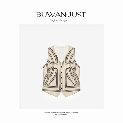 BUWANJUST高品定制天丝亚麻定位马蹄图腾印花老钱风马甲 B1736