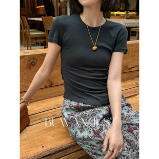 BUWANJUST 高品莱赛尔绵羊毛小设计抽褶收腰夏季短袖T恤 B1706