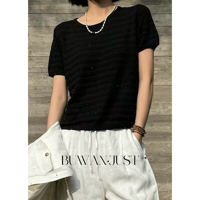 不晚BUWANJUST【悦耳】不规则立体钩针亮闪珠片莱赛尔针织衫B1602