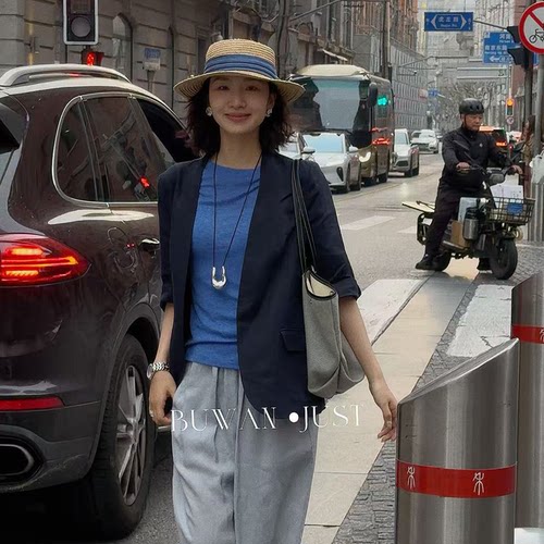 BUWANJUST高定老钱极简通勤V领中袖显瘦高级感亚麻西装外套B2766