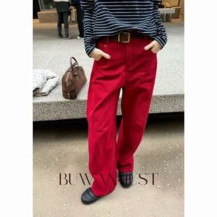 BUWANJUST高定加厚磨毛绒感斜纹质感配腰带结构感显瘦休闲裤B2231