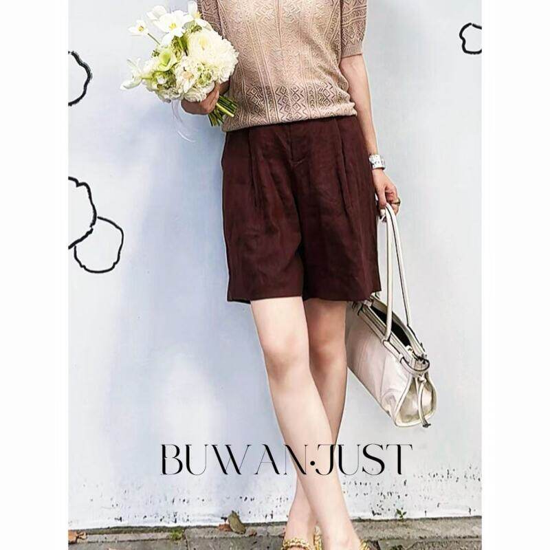 高品定制满分亚麻配腰带宽松短裤 B1802