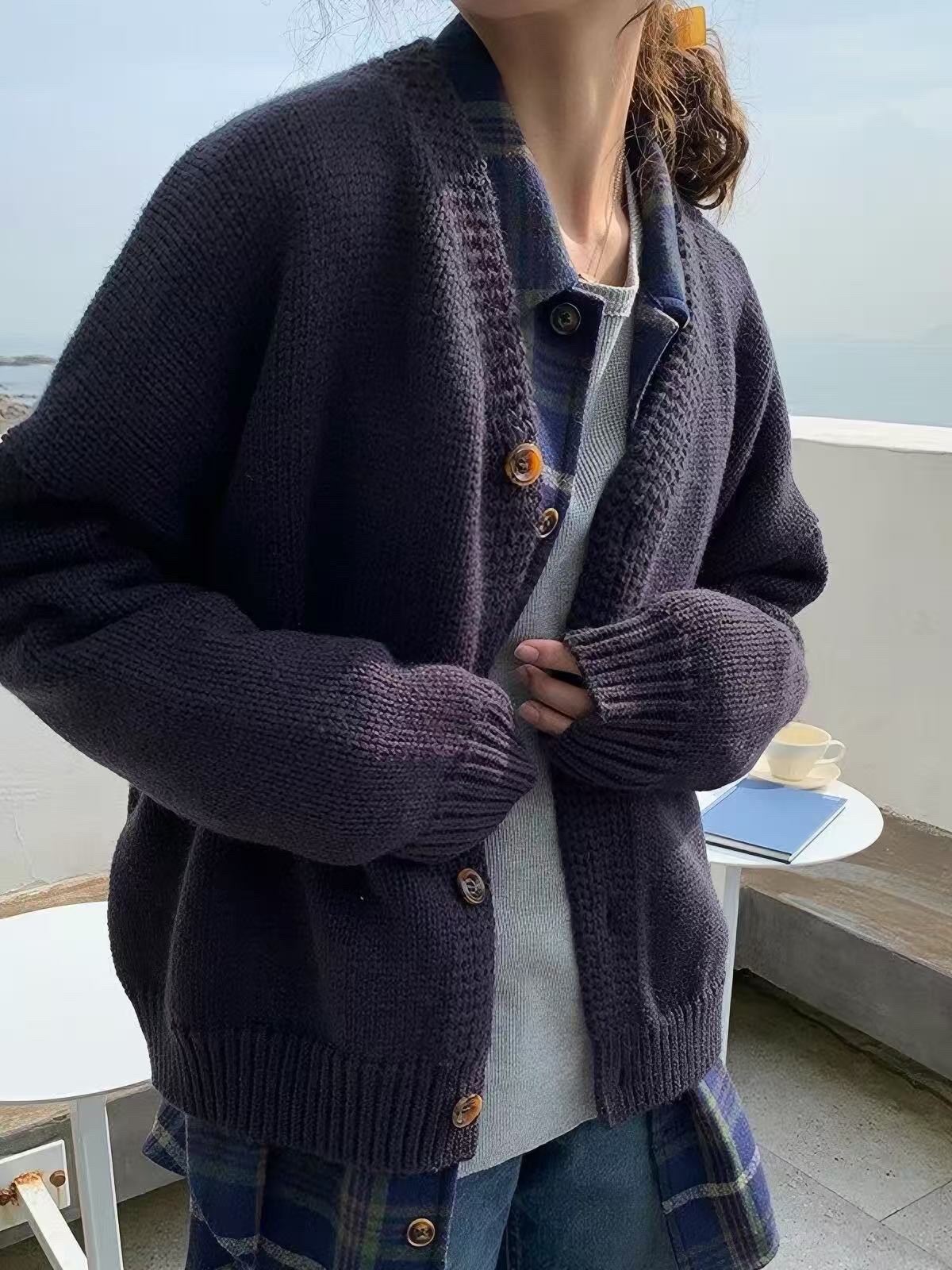 羊毛浣熊荣混纺羊毛开衫宽松毛衣外套日系森系风格韩系学院风V领
