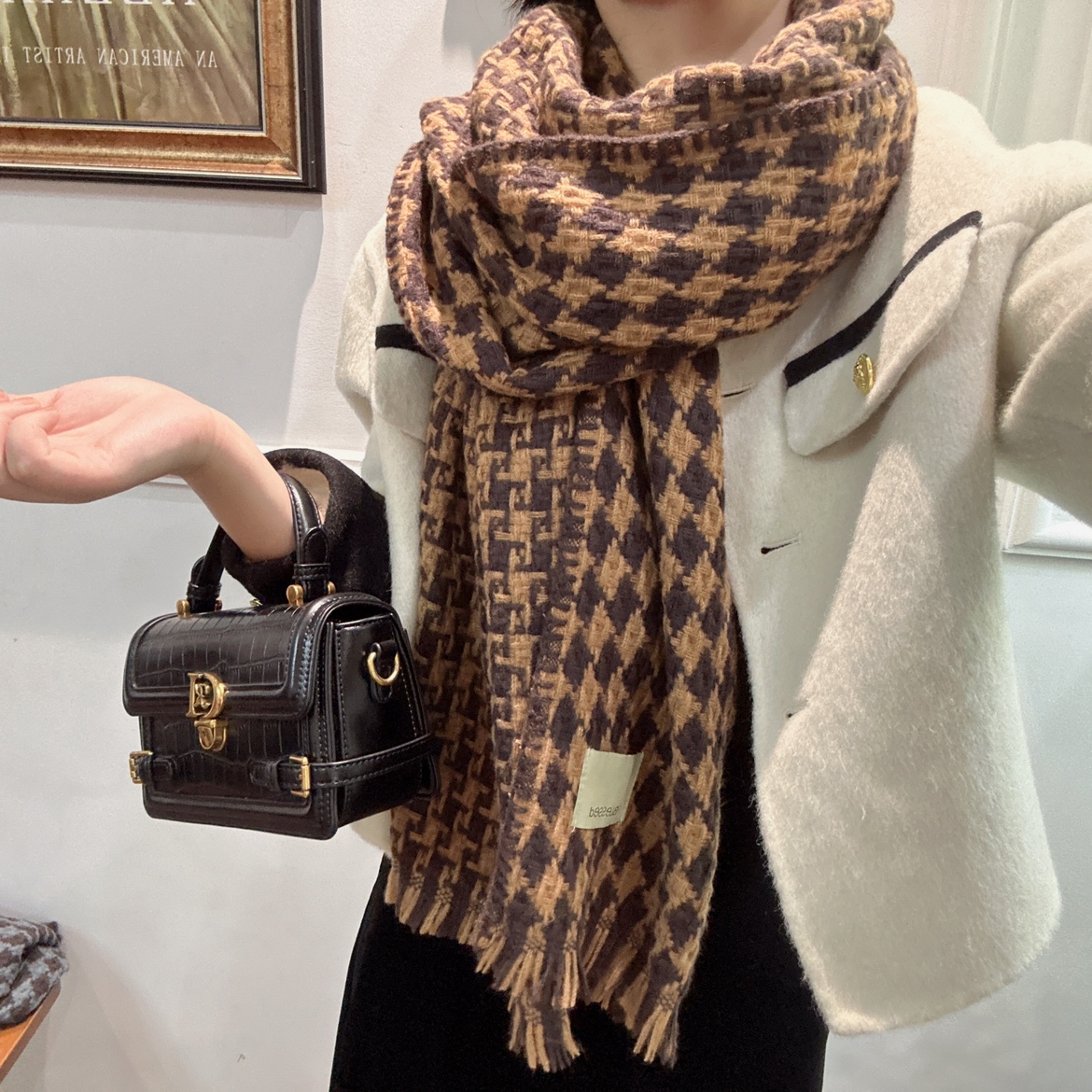 女冬季韩版百搭保暖围脖双面针织千鸟格子菱格围巾编织流苏加厚女