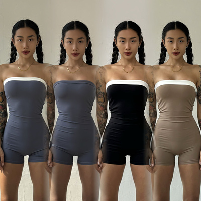 欧美性感拼接撞色连体短裤健身服女抹胸性感大露背瑜伽服裸感显瘦