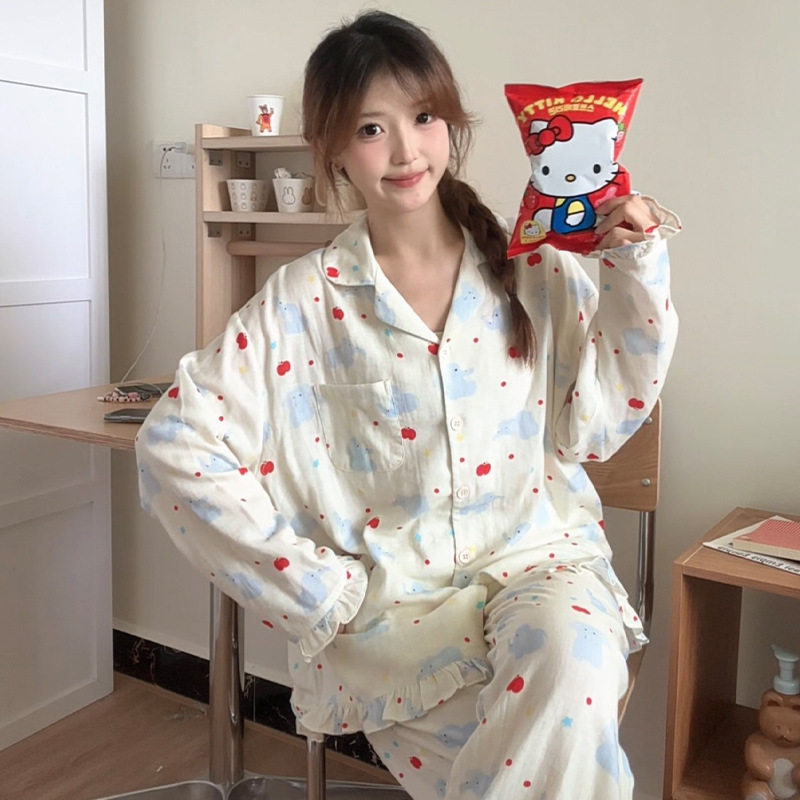 2025春秋新款杏色苹果小飞象长袖纯棉双层棉纱家居服可外穿睡衣