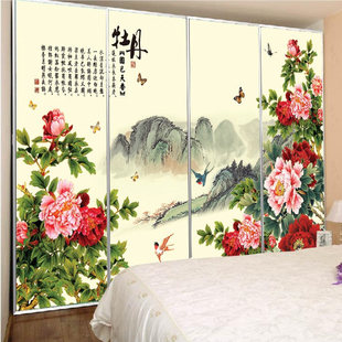 阳台玻璃彩绘窗花防晒贴膜 中国画牡丹衣柜推拉移门浴室防水贴纸