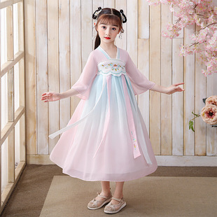 时尚 小女孩裙子 短袖 夏季 新款 中国风演出服古装 唐装 汉服儿童女春装