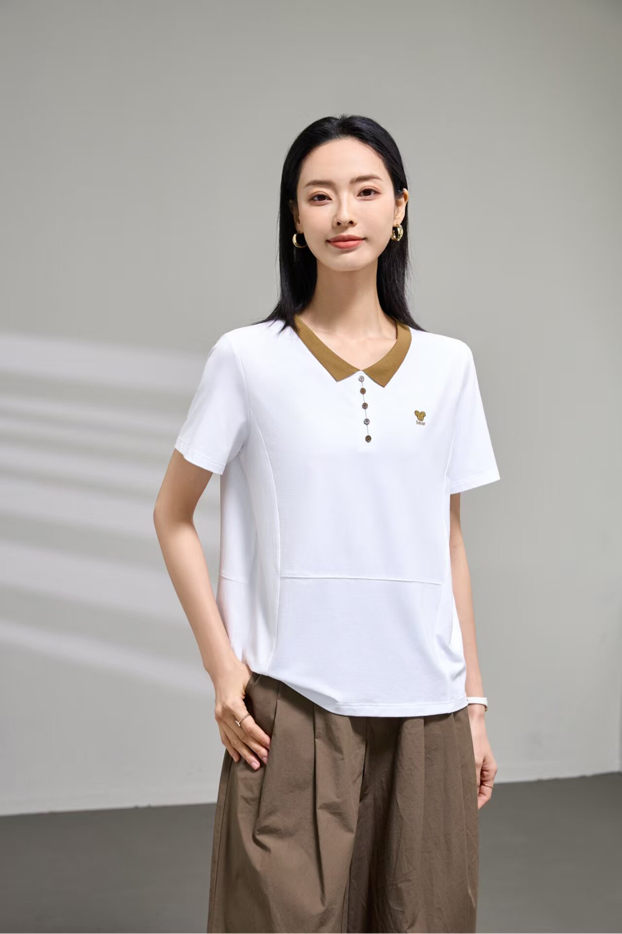 6323夏季2025新款女士时尚休闲翻领短袖T恤宽松显瘦上衣
