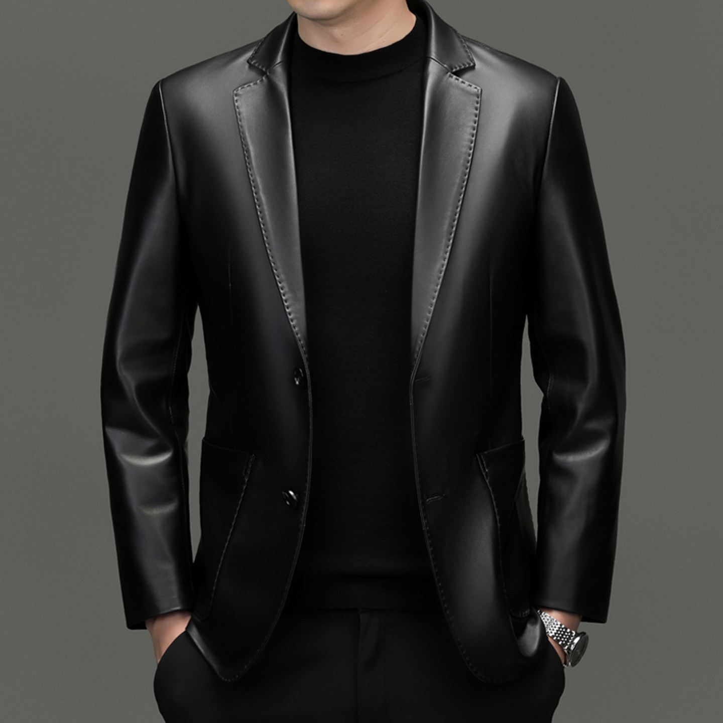 海宁秋冬高档绵羊皮头层真皮西服皮衣商务休闲中年男士西装外套