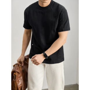 体恤衫 复古微宽百搭半袖 时尚 潮牌金属装 T恤 LUUD 饰圆领短袖 男夏季