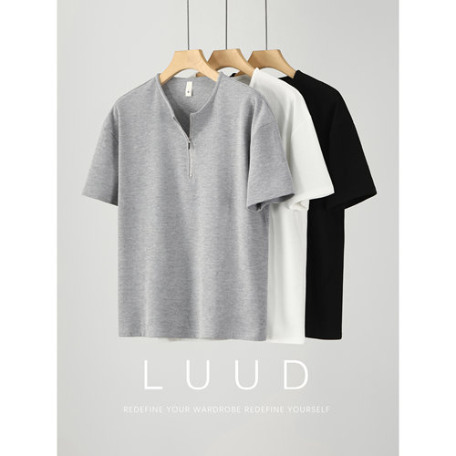 LUUD 男夏季拉链半开襟领口宽松短袖上衣华夫格肌理落肩针织T恤衫