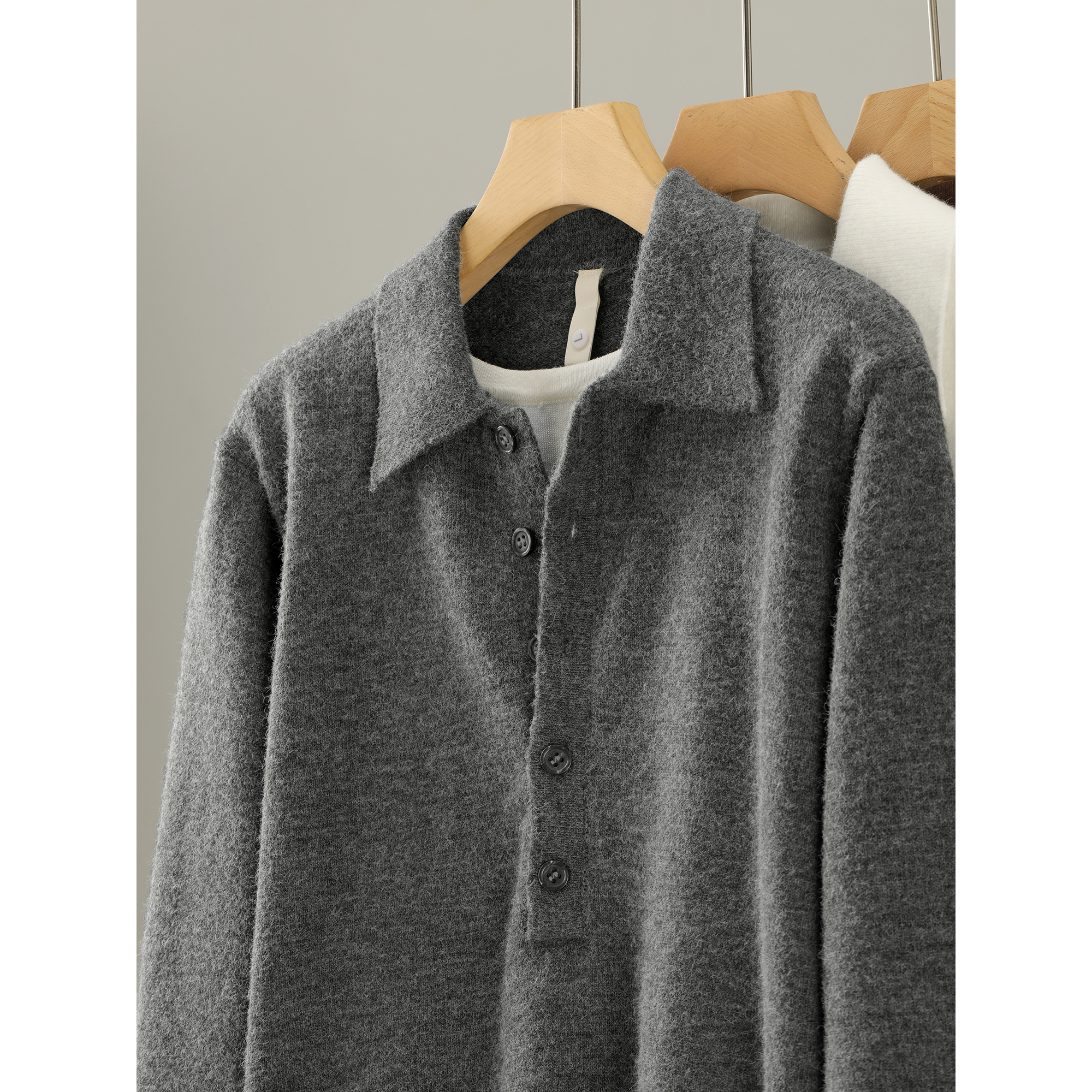 LUUD 秋冬男士前短后长下摆半开襟翻领毛衣假两件拼接磨毛针织衫