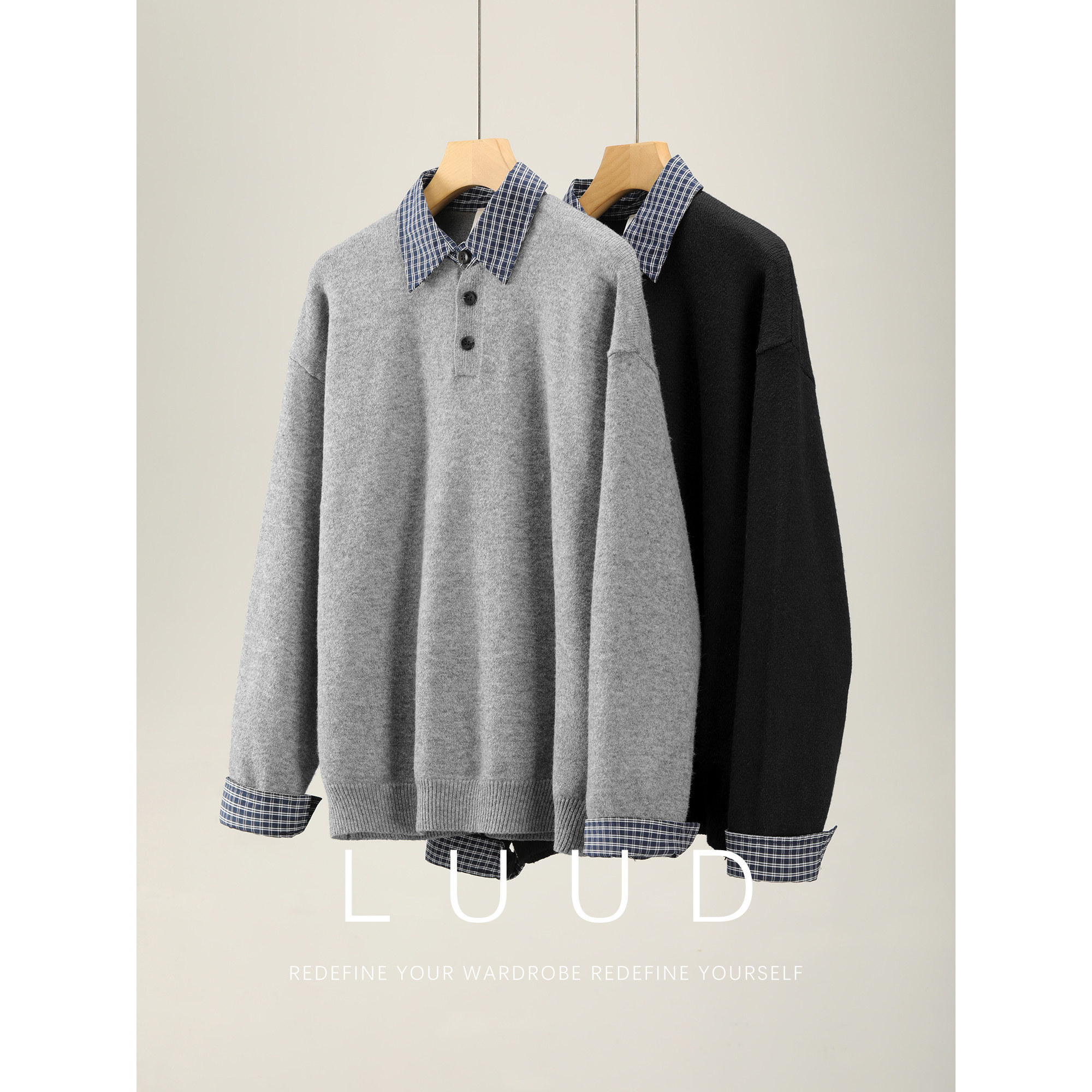 LUUD 羊毛混纺格纹衬衫拼接领POLO衫毛衣韩系复古假两件针织衫男,男装,针织衫/毛衣,淘宝优惠券,粉丝福利购,淘宝优惠卷