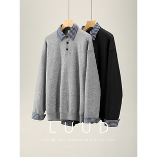 毛衣韩系复古假两件针织衫 拼接领POLO衫 男 羊毛混纺格纹衬衫 LUUD