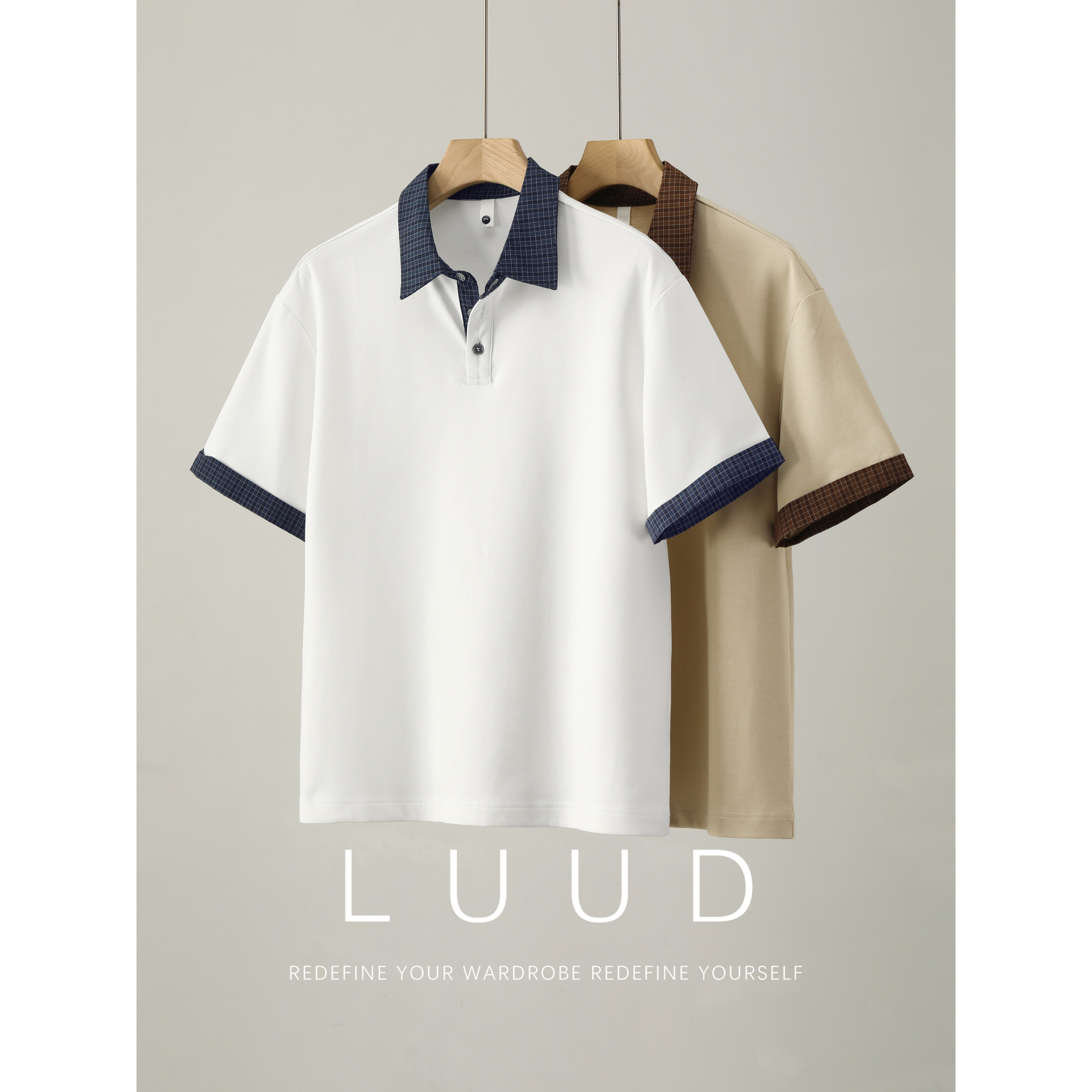LUUD 知识分子风格子卷袖撞色翻领短袖T恤男夏季时尚极简风POLO衫 - 实物图