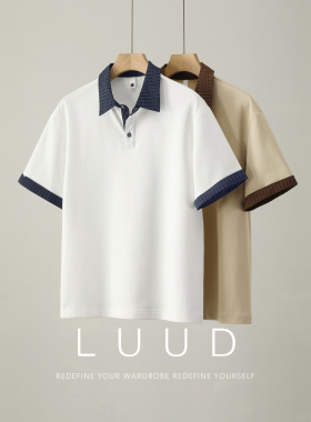 LUUD 知识分子风格子卷袖撞色翻领短袖T恤男夏季时尚极简风POLO衫