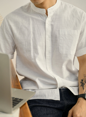 LUUD 新中式透气亚麻中山领衬衫白色口袋款衬衣薄款无领男短袖