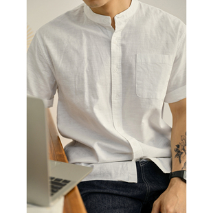 新中式 无领男短袖 透气亚麻中山领衬衫 衬衣薄款 白色口袋款 LUUD