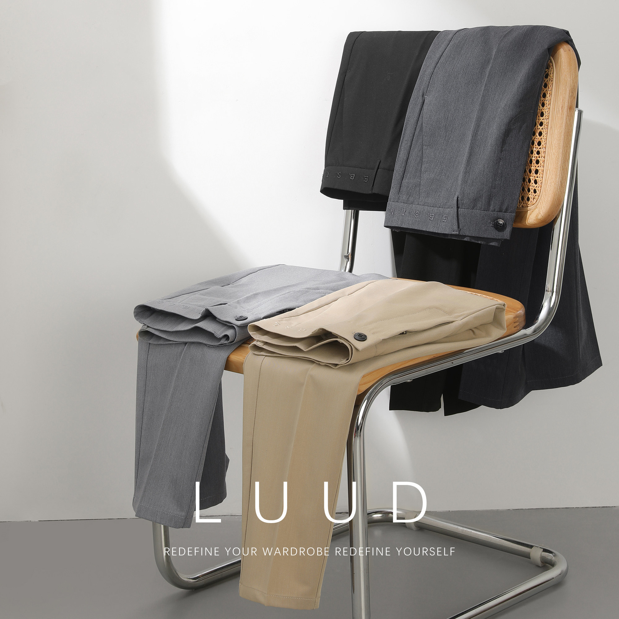 LUUD 通勤修身休闲裤男士潮奢立体免烫裤子简约英文刺绣小脚西裤