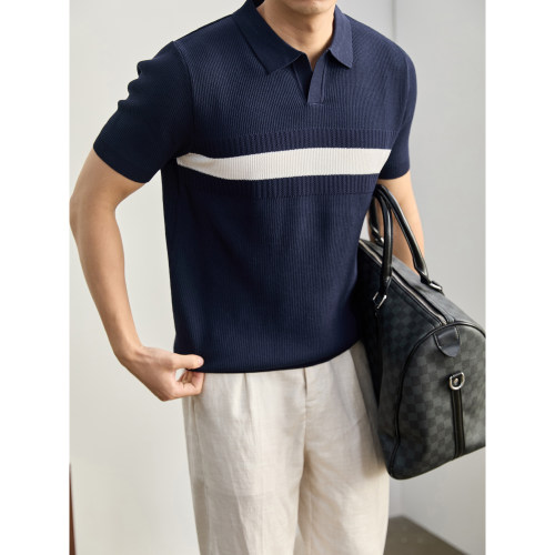 LUUD 男士夏季薄款透气提花肌理感翻领短袖T恤撞色横杆针织POLO衫