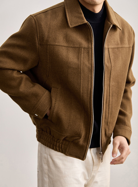 LUUD 复古流行色含羊毛翻领夹克男斜纹肌理磨毛保暖拉链短款外套