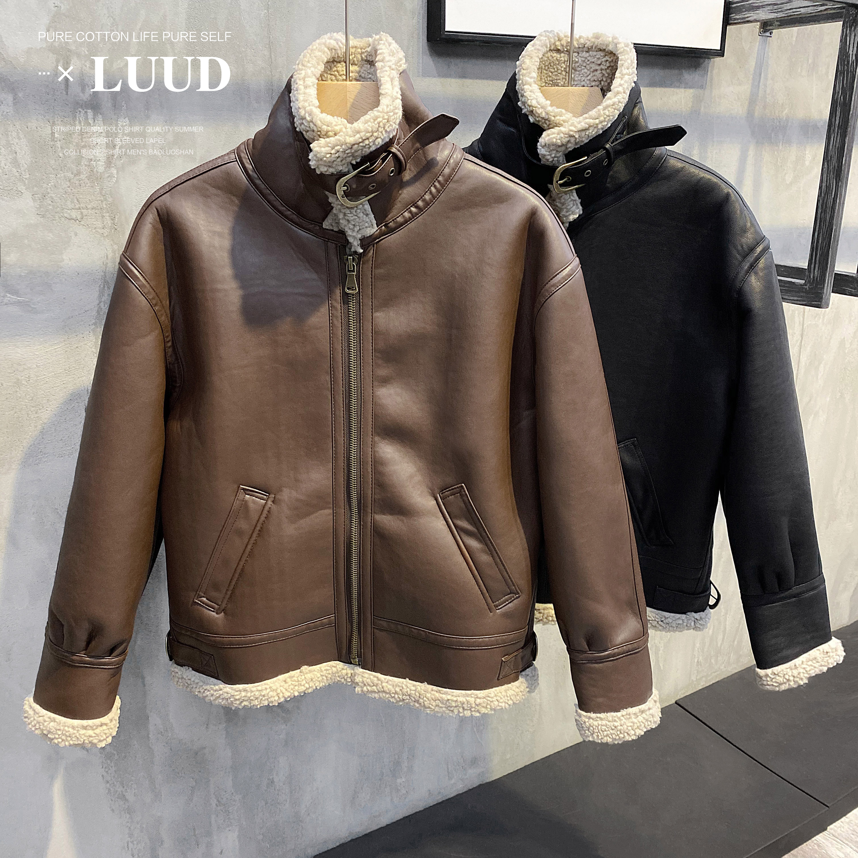 LUUD 东大门复古羊羔毛翻领皮衣酷帅保暖厚实外套冬天潮流夹克男