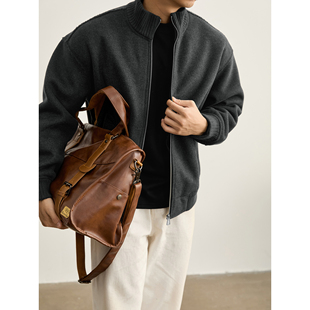 LUUD 重磅羊羔绒一体夹克 拼料针织立领磨毛呢子外套男绵羊毛冬季