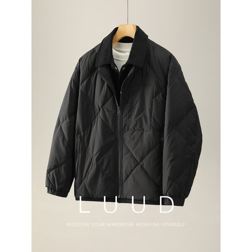 LUUD 灯芯绒假两件拼接白鸭绒外套男冬季菱形压纹充绒羽绒服夹克
