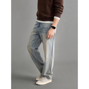 男刺绣口袋设计直筒裤 LUUD 天丝莱赛尔混纺渐变水洗做旧牛仔长裤