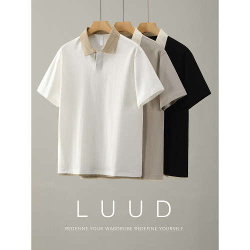 LUUD 夏季透气亲肤珠地棉短袖T恤男士撞色坑条针织翻领Polo衫上衣